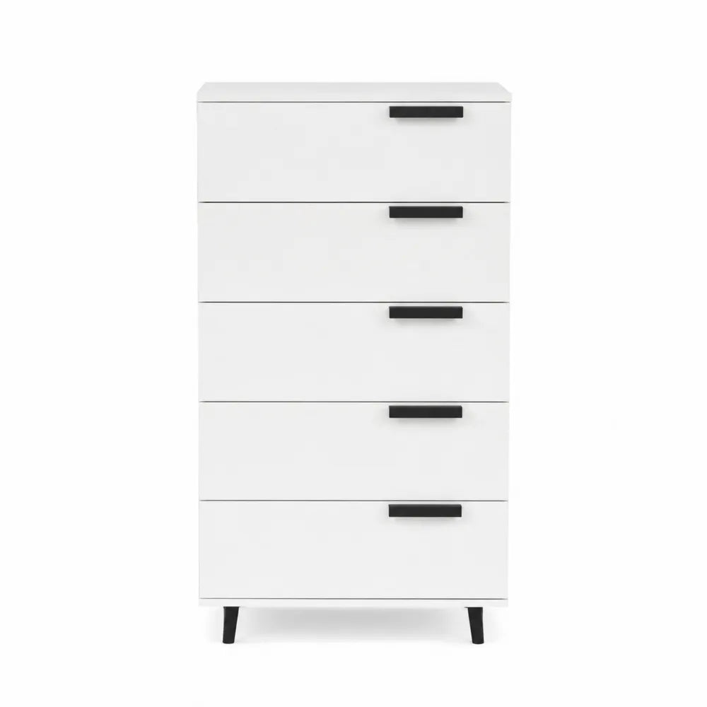 Cassettiera alta bianca con 5 cassetti in legno e maniglie in metallo nero