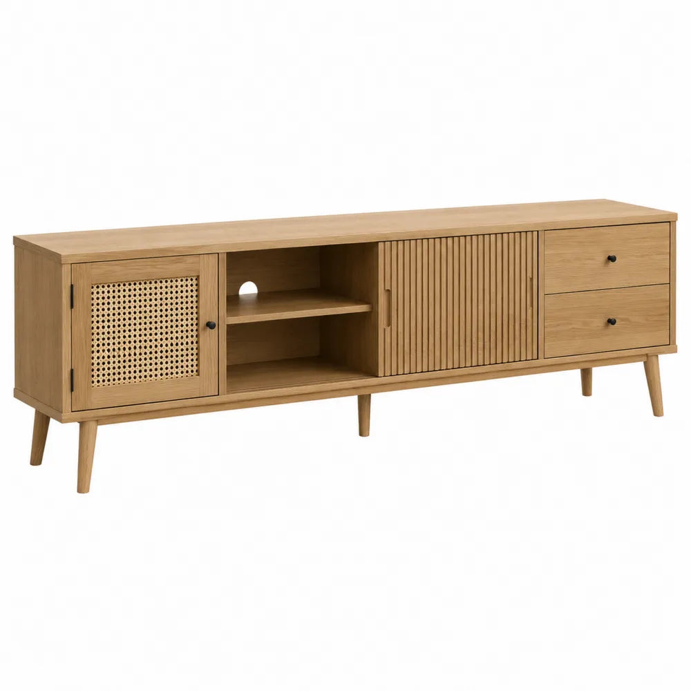 Mobile TV in legno con doghe e rattan 200x40x60cm