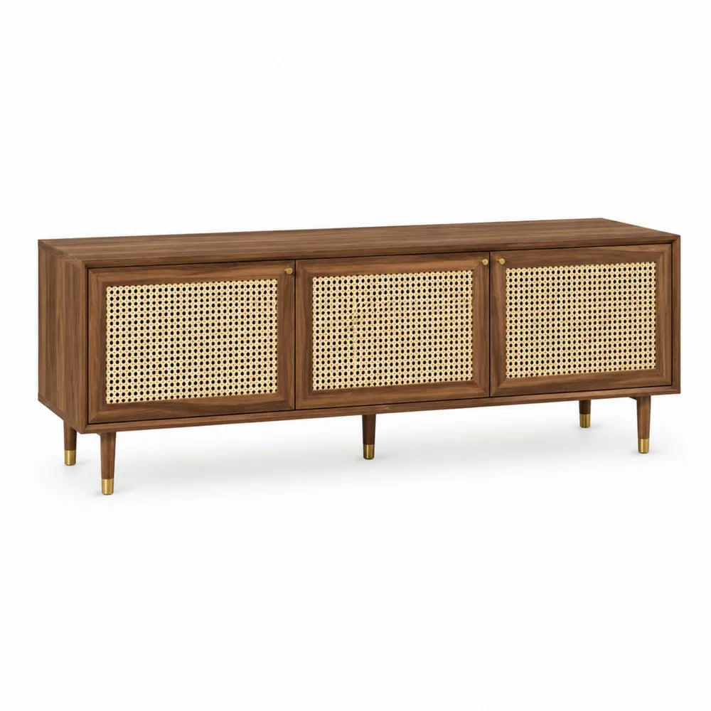 Mobile TV in legno con ante in rattan