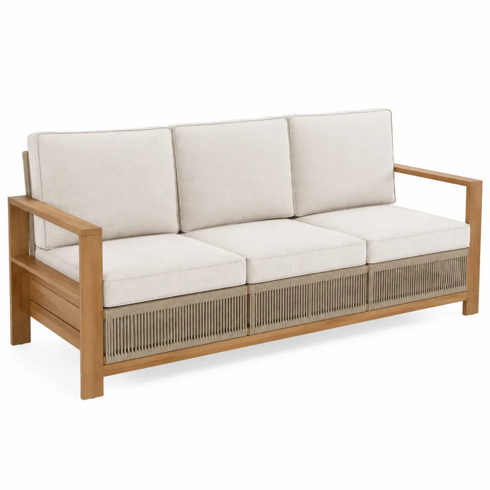 Divano 3 Posti in Legno di Teak e Poliestere Beige