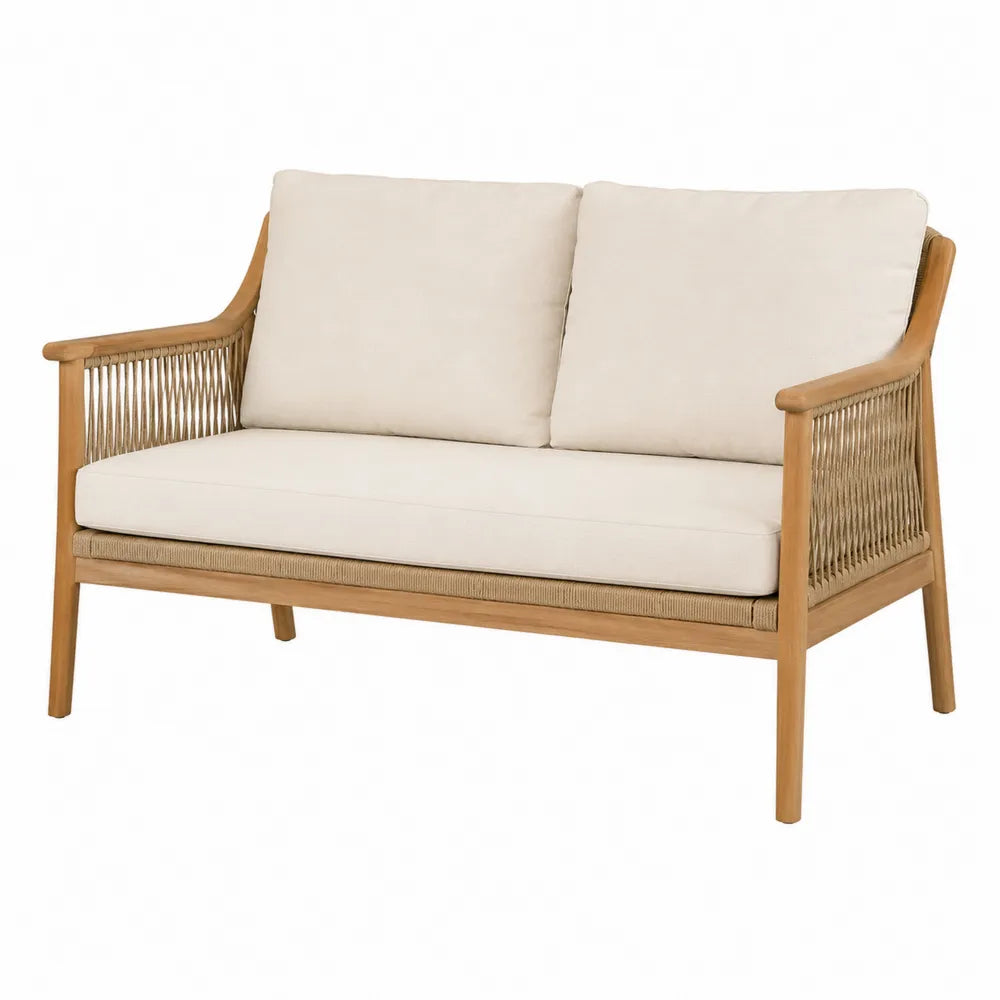 Divano in legno e corda con cuscini beige
