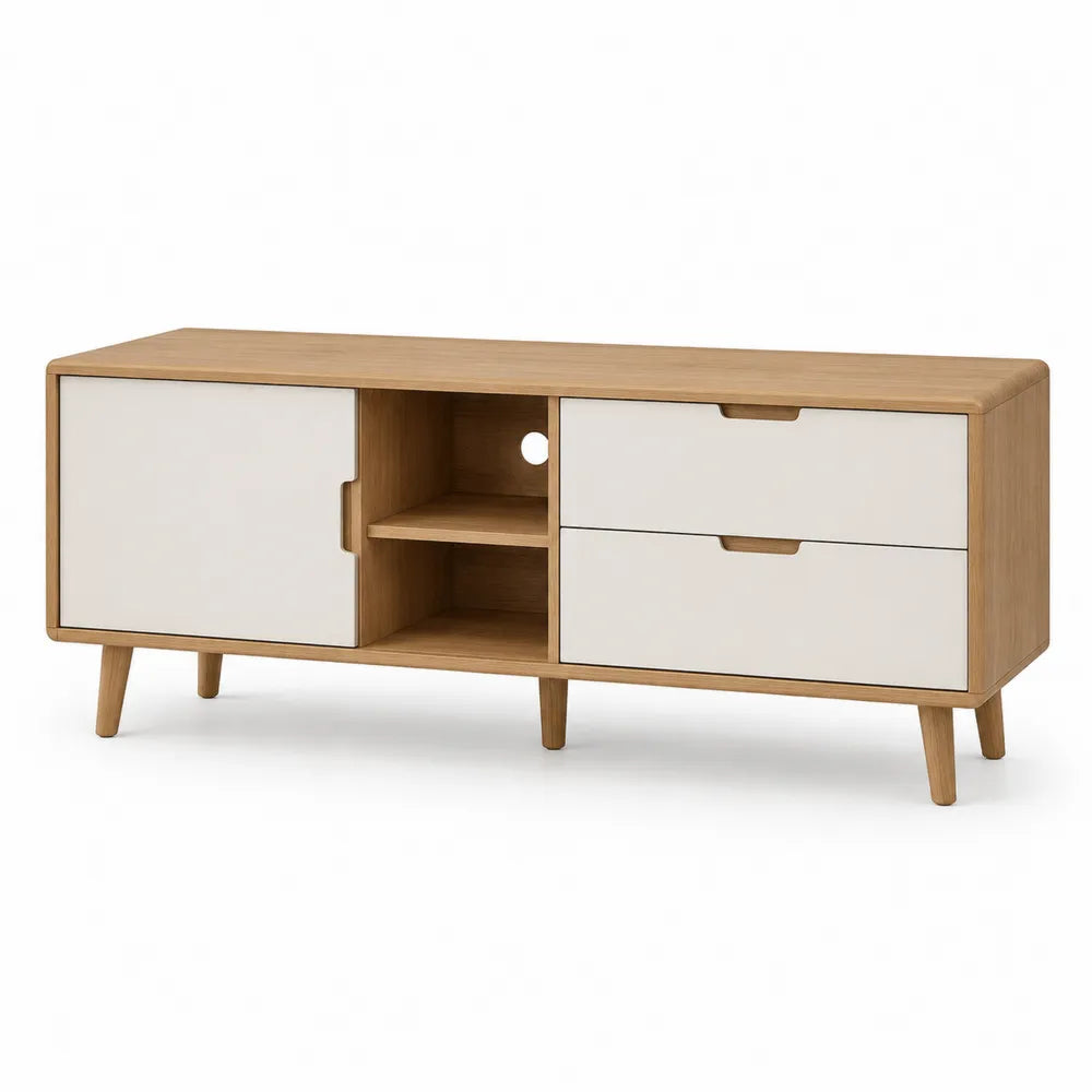 Mobile TV in Legno con Cassetti e Ripiani Rovere/Bianco