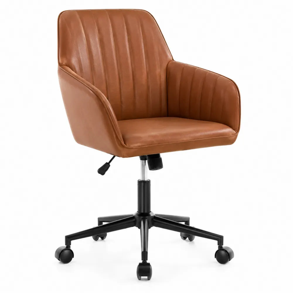 Sedia da ufficio in pelle sintetica marrone con base in metallo