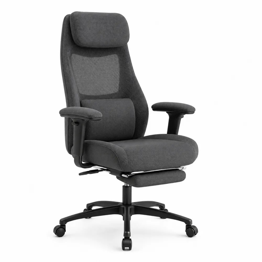 Sedia da ufficio in tessuto grigio con poggiapiedi regolabile