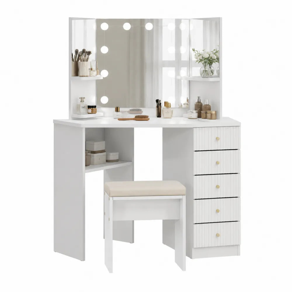 Toletta angolare in legno bianco con specchio e luci LED