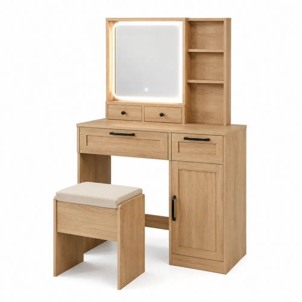 Toletta in Legno di Rovere con Specchio LED e Sgabello