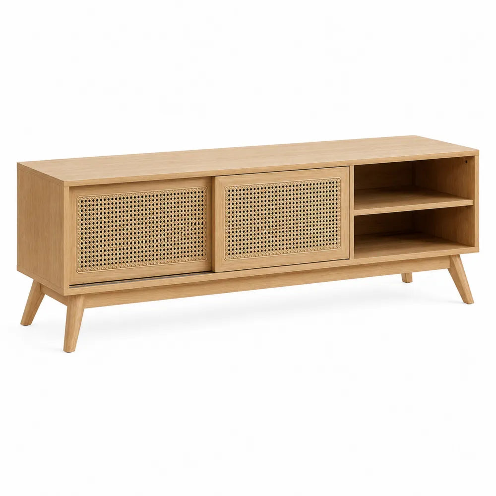 Mobile TV in Legno con Ante Scorrevoli in Rattan