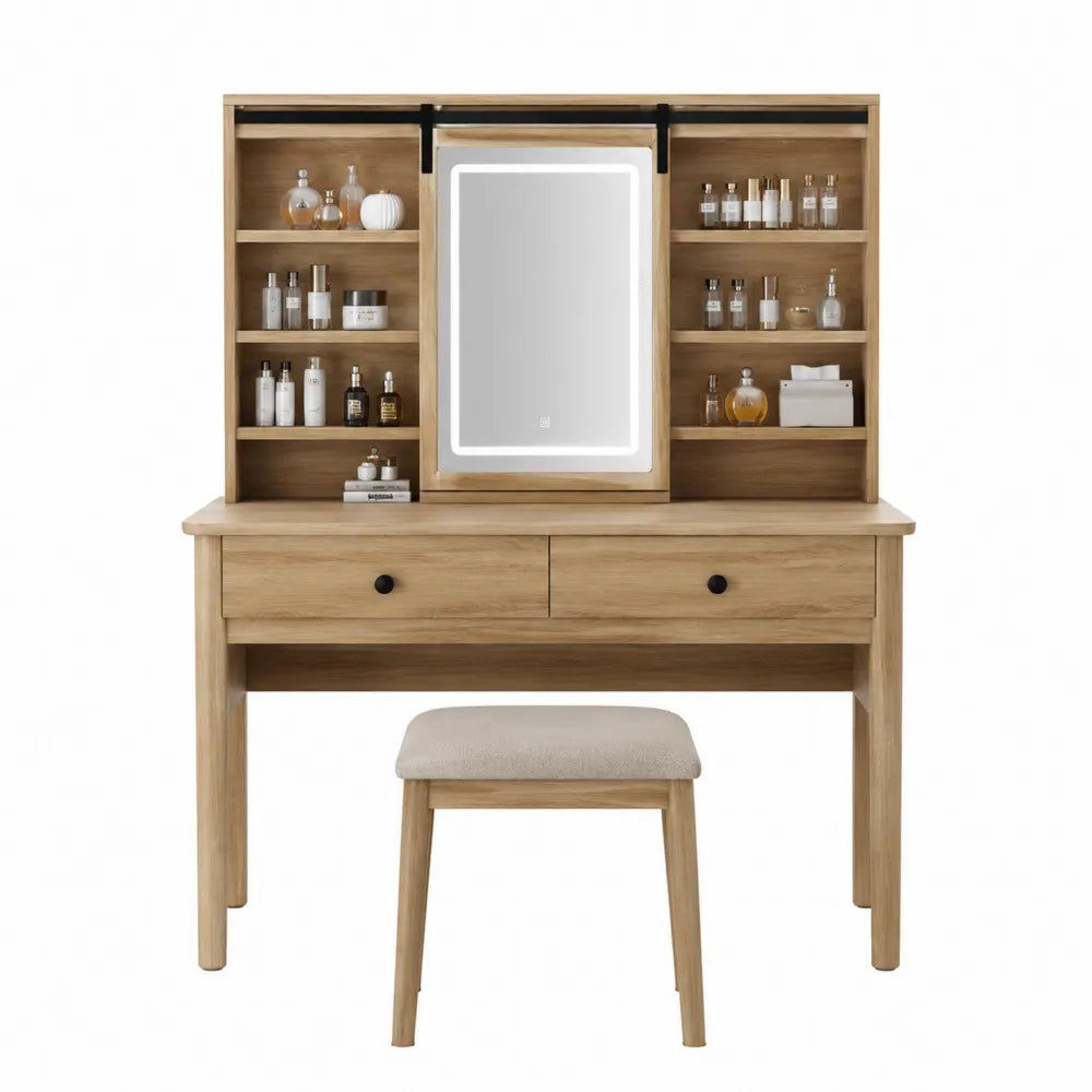 Toletta in Legno di Rovere con Specchio LED Scorrevole e Sgabello